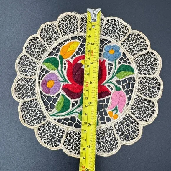 Kalocsa Hungarian Hand Embroidered Doily With Kalocsai Floral Lace Design - Picture 3 of 7